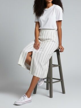 100% Linen Striped Midi Skirt With Center Slit Sz S